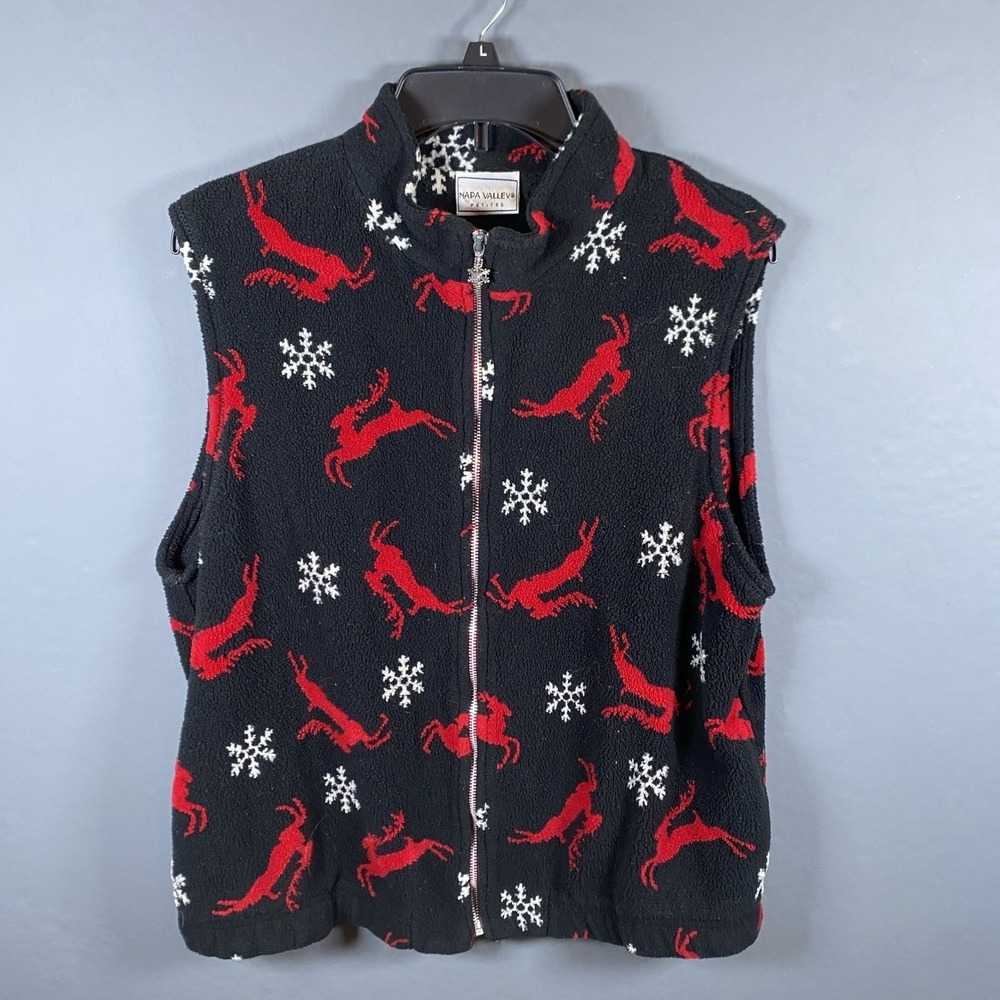 Vintage Napa Valley Fleece Reindeer Snowflakes Black Zip Vest XL, Flaw In Tag